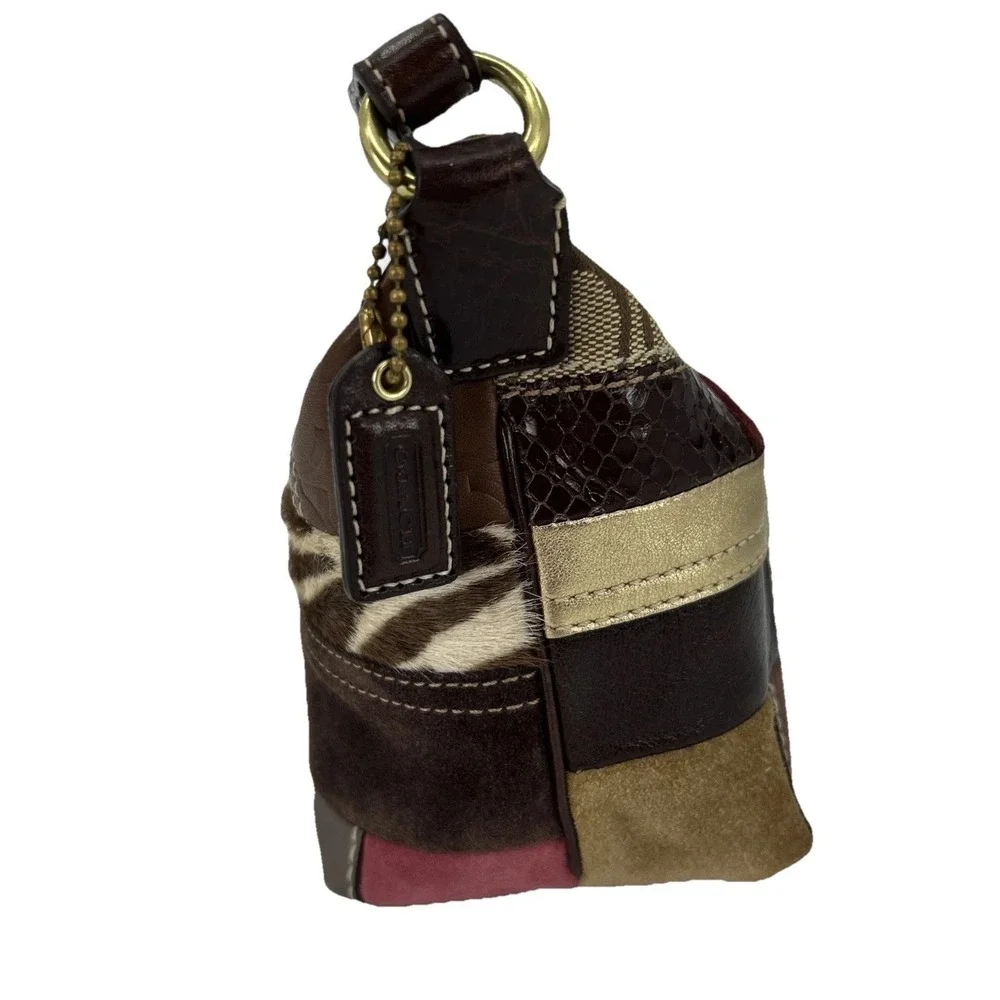 Coach Holiday Patchwork Small Hobo Bag Multi Leather Suede Jacquard Brown‎ Gold